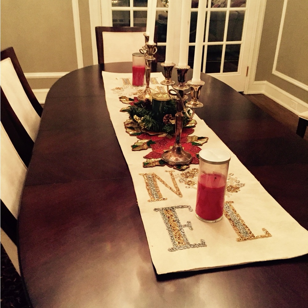 Peppermint Square Ivory Linen NOEL Beaded Heavily Embellished Table Runner
